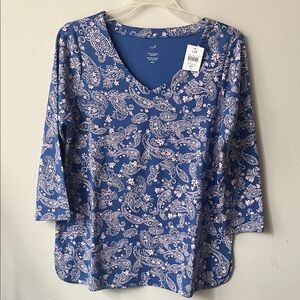 J. Jill Blue and Lilac Paisley 3/4 Sleeve Tee